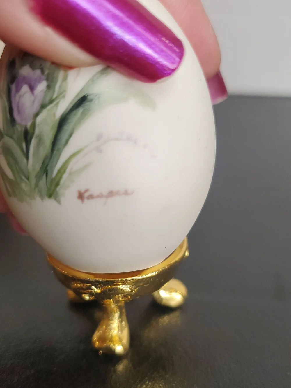 Hand-Painted Floral Porcelain Egg Ornament On Gold Tone Plated Stands (Set of 2)